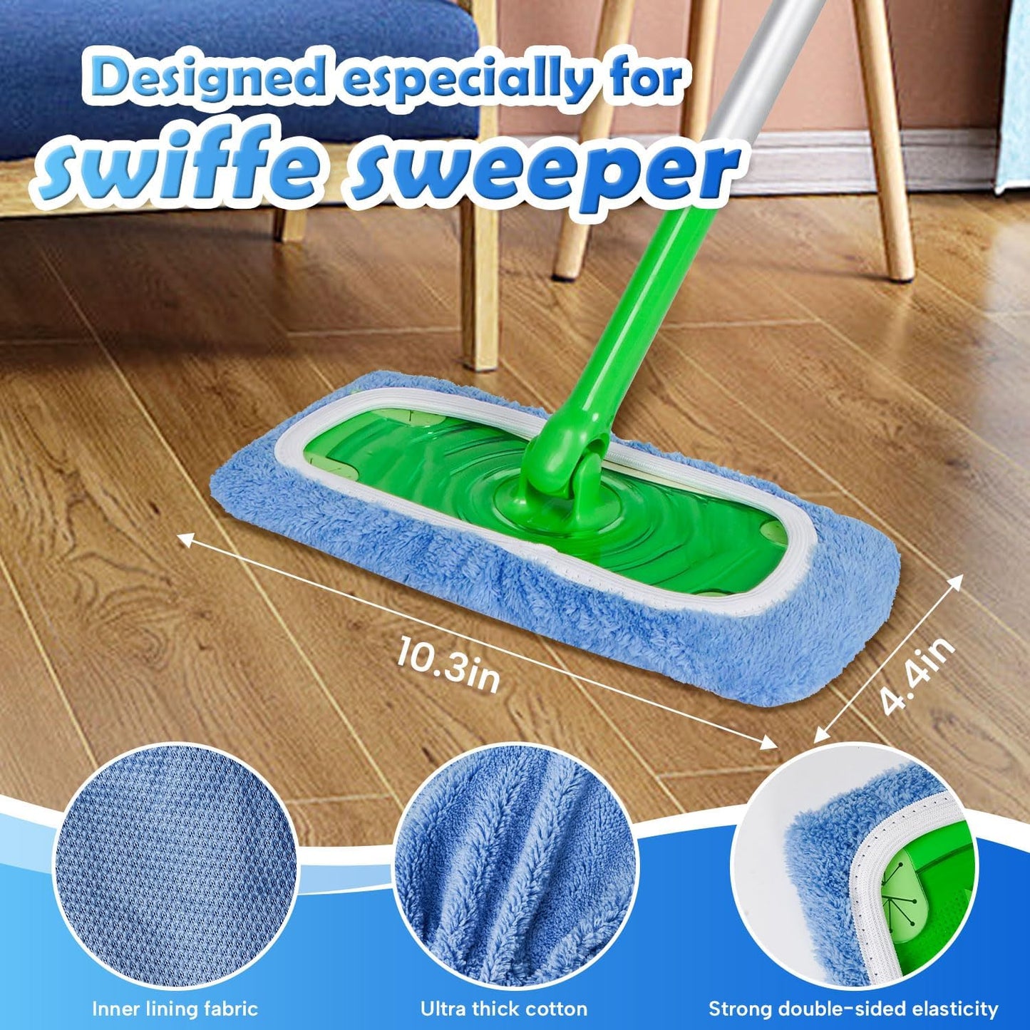 ZHAYAO 3 Pack Reusable Microfiber Mop Pads Compatible with Swiffer Sweeper Mop, Wet and Dry Flat mop Cover, Washable Swiffer Pads for Surface/Hardwood Floor Cleaning (Mop is Not Included)